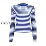 Women Blue Striped Long Sleeve T-Shirts Female Streetwear Autumn Cotton Tees Tops New Fashion Casual