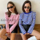 Women Blue Striped Long Sleeve T-shirts Female Streetwear Autumn Cotton Tees Tops New Fashion Casual O-neck Pullovers Tops