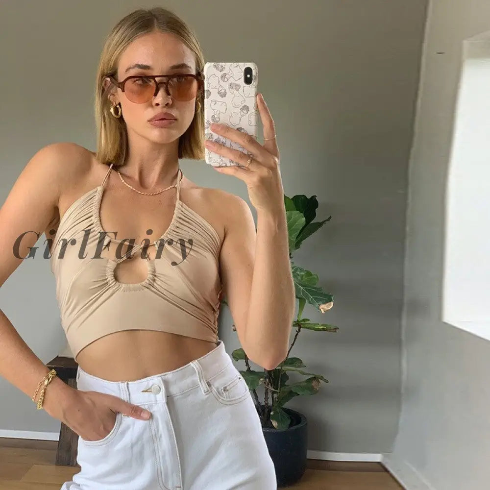 Women Camis Drawstring Hollow Out Halter Sling Tank Crop Tops Solid Skinny Casual Vest Summer Beach
