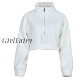 Women Casual Loose Winter Crop Tops Solid Color Fully Stand-Neck Long Sleeve Zip-Up Pullover