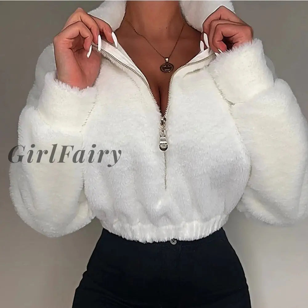 Women Casual Loose Winter Crop Tops Solid Color Fully Stand-Neck Long Sleeve Zip-Up Pullover