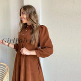 Women Corduroy Lantern Sleeve Casual Dress Stand Collar Button Folds Dresses Autumn Winter Vintage