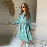 Women Corduroy Ruffle Dress Casual Long Sleeve O Neck Button Sashes Dresses Vintage A-Line Party Knee Dress Autumn Winter