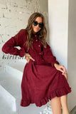 Women Corduroy Ruffle Dress Casual Long Sleeve O Neck Button Sashes Dresses Vintage A-Line Party