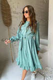 Women Corduroy Ruffle Dress Casual Long Sleeve O Neck Button Sashes Dresses Vintage A-Line Party