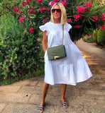 Women Dress Short Sleeve Pleated Long Dresses Fashion Bohemian Solid Loose Summer Plus Size White