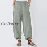 Women Harem Pants Summer Casual Elastic Waist Cotton Linen Wide Leg Vintage Print Loose Trousers