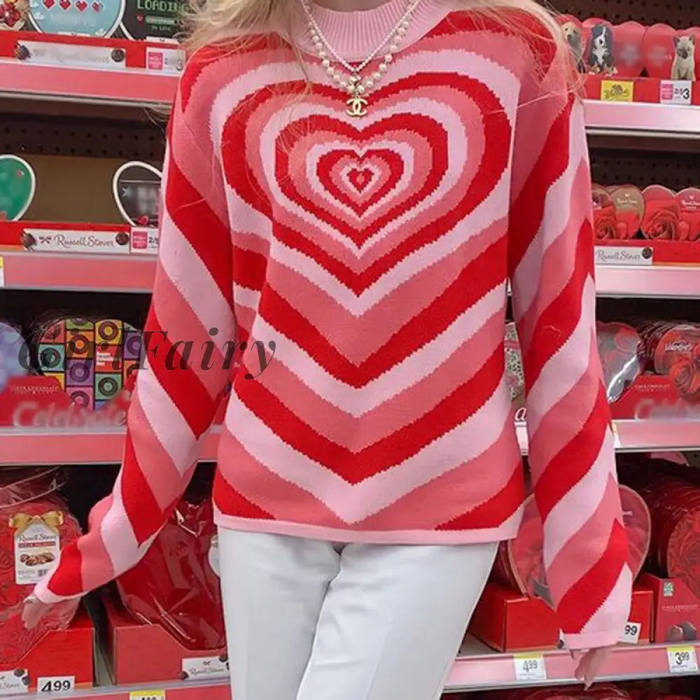 Women Heart Sweater Fashion Y2K Striped Long Sleeve Top Knitted Basic Sweaters Casual Elegant