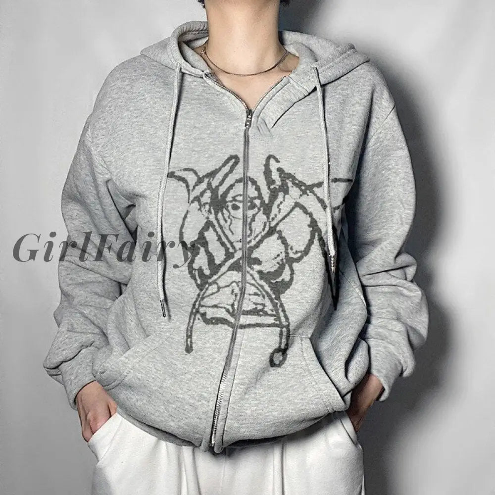 Women Hip Hop Streetwear Hoodies Jacket Portrait Print Coat Goth Harajuku Y2K Clothes Punk Outwear