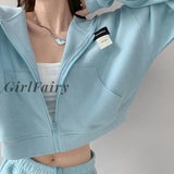 Women Hoodies Solid Long Sleeve Zip Up Pocket Korean Harajuku Oversized Sweatshirts Female Hooded