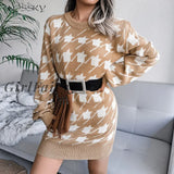 Women Houndstooth Long Sleeve Dress Casual Loose Knitted Warm Mini Elegant Vintage Spring Autumn