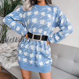 Women Houndstooth Long Sleeve Dress Casual Loose Knitted Warm Mini Elegant Vintage Spring Autumn