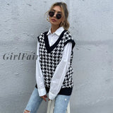 Women Houndstooth Sweater Vest Korean Style Sleeveless Knitted V-Neck Sweaters Elegant Black Basic