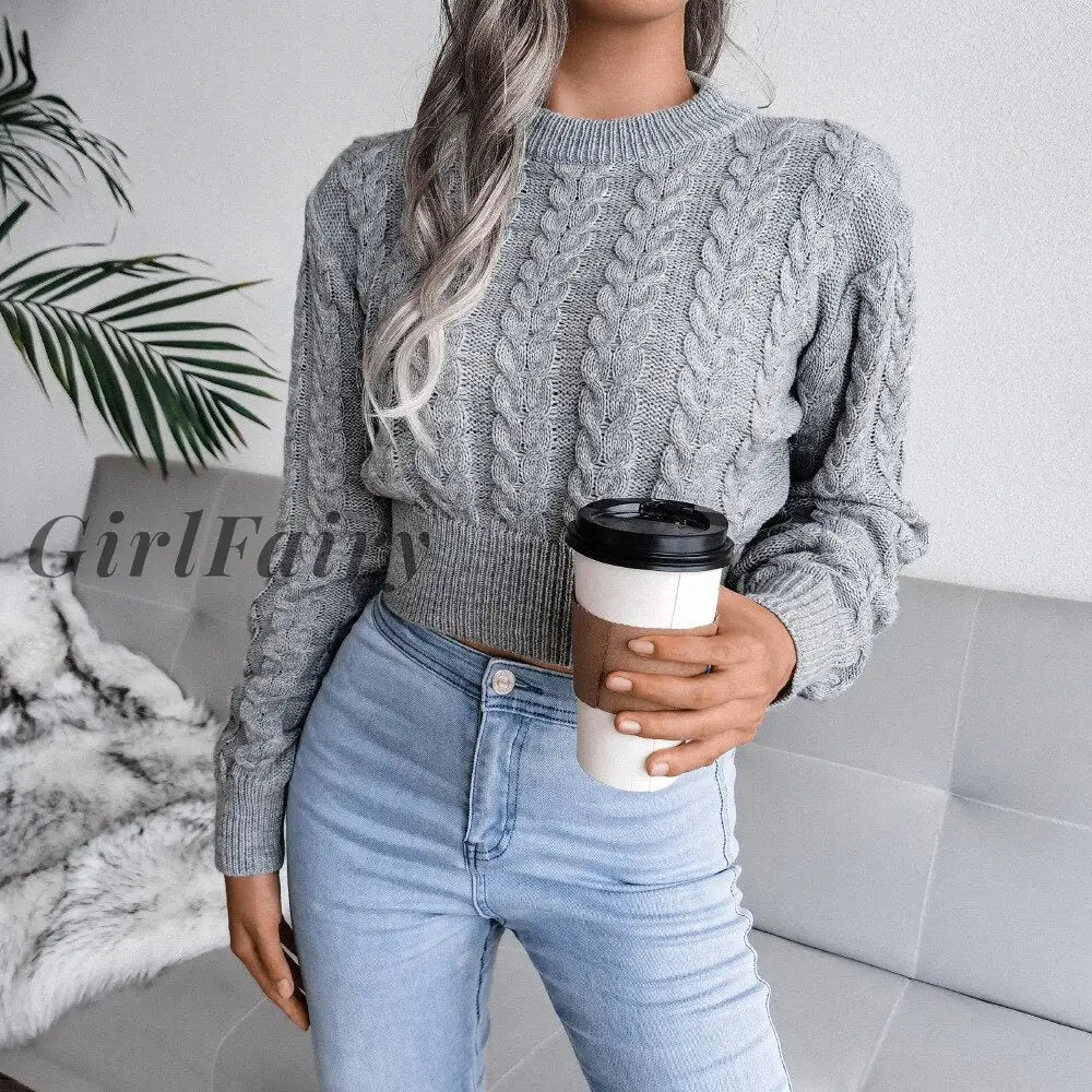 Women Knitted Cropped Sweater Elegant Long Sleeve Top Casual Autumn Winter Basic White Sweaters