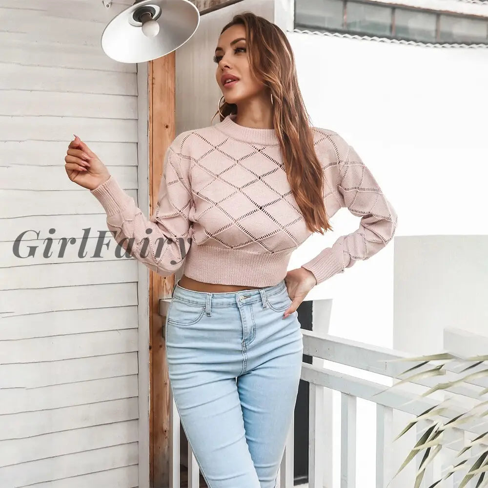 Women Knitted Cropped Sweater Sexy Plaid Hollow Long Sleeve Pink Top Spring Autumn Basic Sweaters