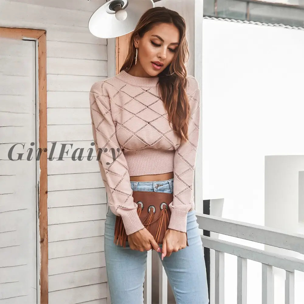 Women Knitted Cropped Sweater Sexy Plaid Hollow Long Sleeve Pink Top Spring Autumn Basic Sweaters