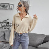 Women Knitted Polos Top Casual Long Sleeves Solid Turn Down Collar T-shirt Female Fashion Crop Pullover Drawstring Zipper Blous