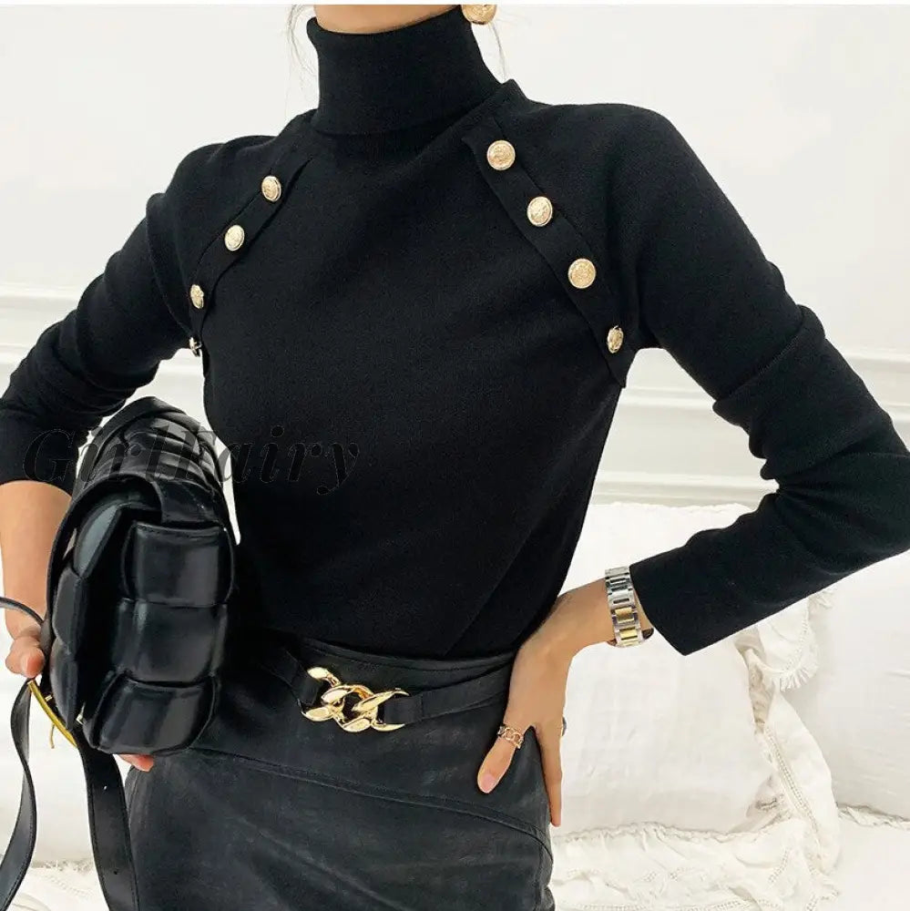 Women Knitted Tshirt Turtleneck Metal Button Slim Fit T-Shirt Tops Solid Long Sleeve Autum Knitting