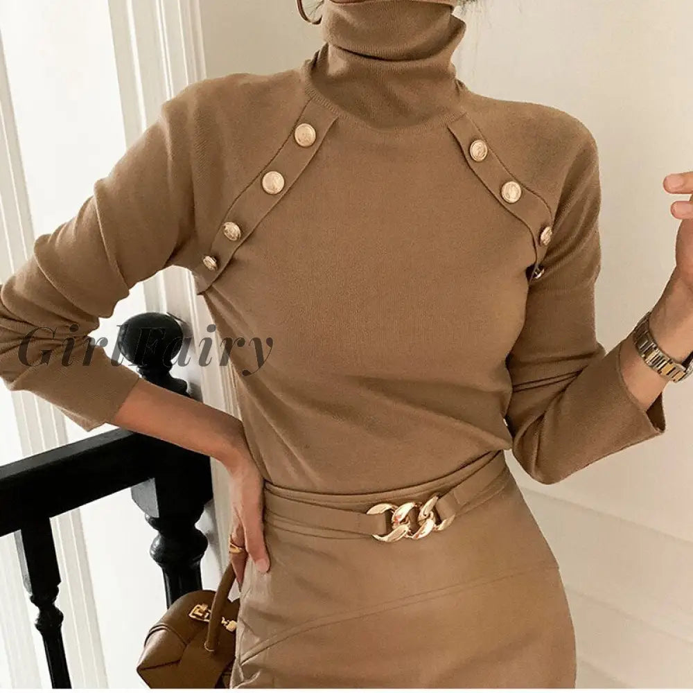 Women Knitted Tshirt Turtleneck Metal Button Slim Fit T-Shirt Tops Solid Long Sleeve Autum Knitting