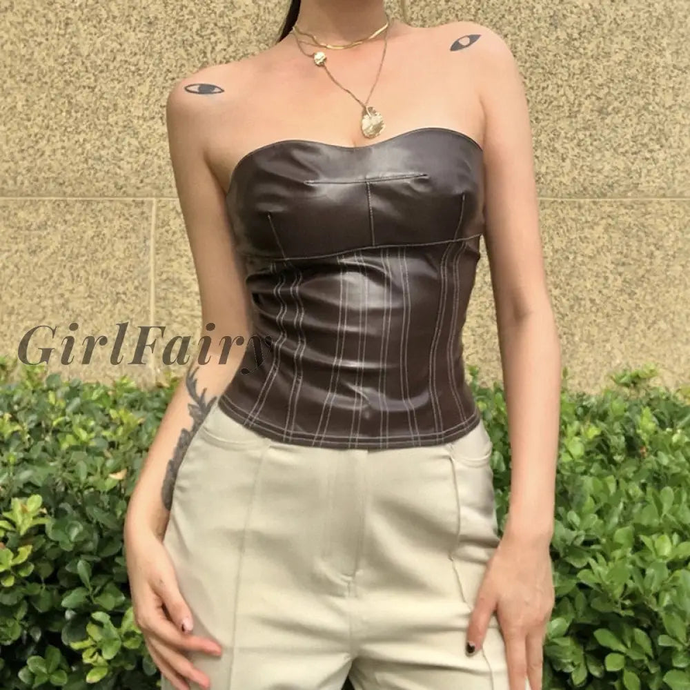 Women Leather Vest Wrap Chest Sewing Solid Color Retro Tops Casual Party Club Fall Brown / S