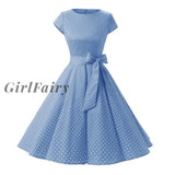 Women New 50S Retro Vintage Dress Polka Dots Short Sleeve Summer Rockabilly Swing Party Sky Blue