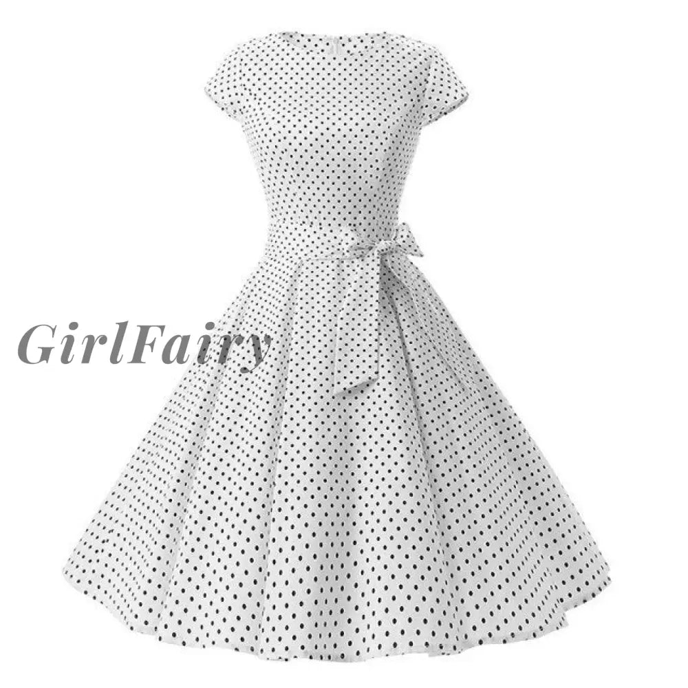 Women New 50S Retro Vintage Dress Polka Dots Short Sleeve Summer Rockabilly Swing Party White Dress