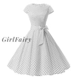 Women New 50S Retro Vintage Dress Polka Dots Short Sleeve Summer Rockabilly Swing Party White Dress