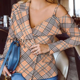 Women Office Plaid Off Shoulders Blazer Autumn Long Sleeve Slim Elegant Fashion Females Casual Ol
