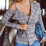 Women Office Plaid Off Shoulders Blazer Autumn Long Sleeve Slim Elegant Fashion Females Casual Ol