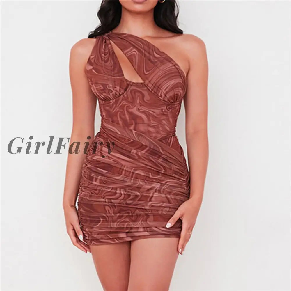 Women One-Shoulder Sheath Dress Sleeveless Backless Wave Print Hollow Out Mini Dresses Sexy Party