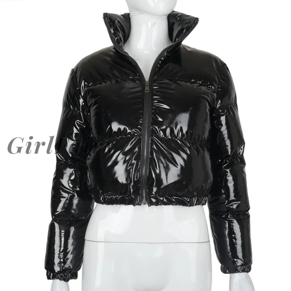 Women Patent Leather Coat Long Sleeve Padded Jacket Short Crops Zipper Streetwear Autumn Winter