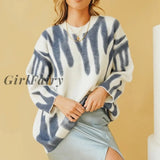 Women Print Multi Striped Knitted Sweaters Oversized Pullovers Long Sleeve O Neck Loose Sweater