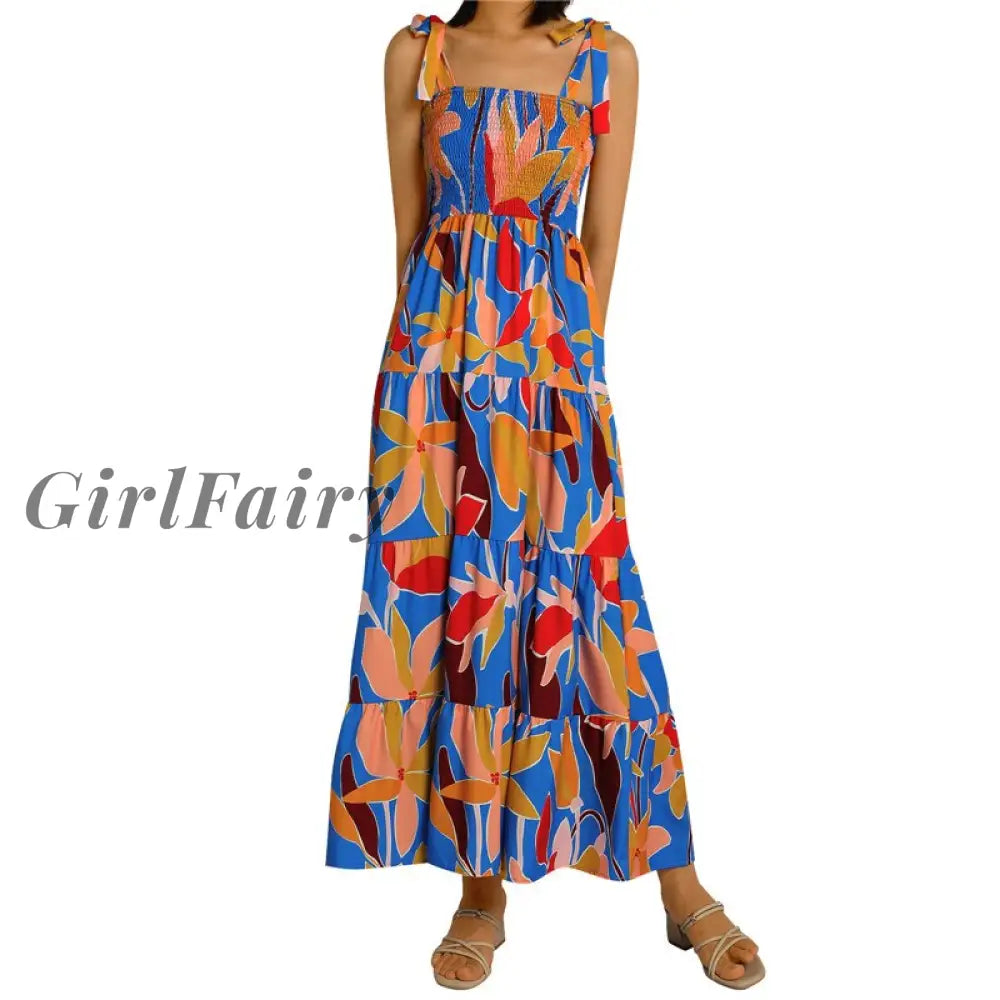 Women Printed Slip Dress Summer Sleeveless Backless Tie Up Boat Neck Maxi Dresses Sexy A-Line New