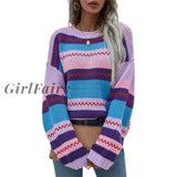 Women Round Neck Sweaters Bohemian Long Sleeve Color Block Striped Loose Knit Jumper Tops Fashion