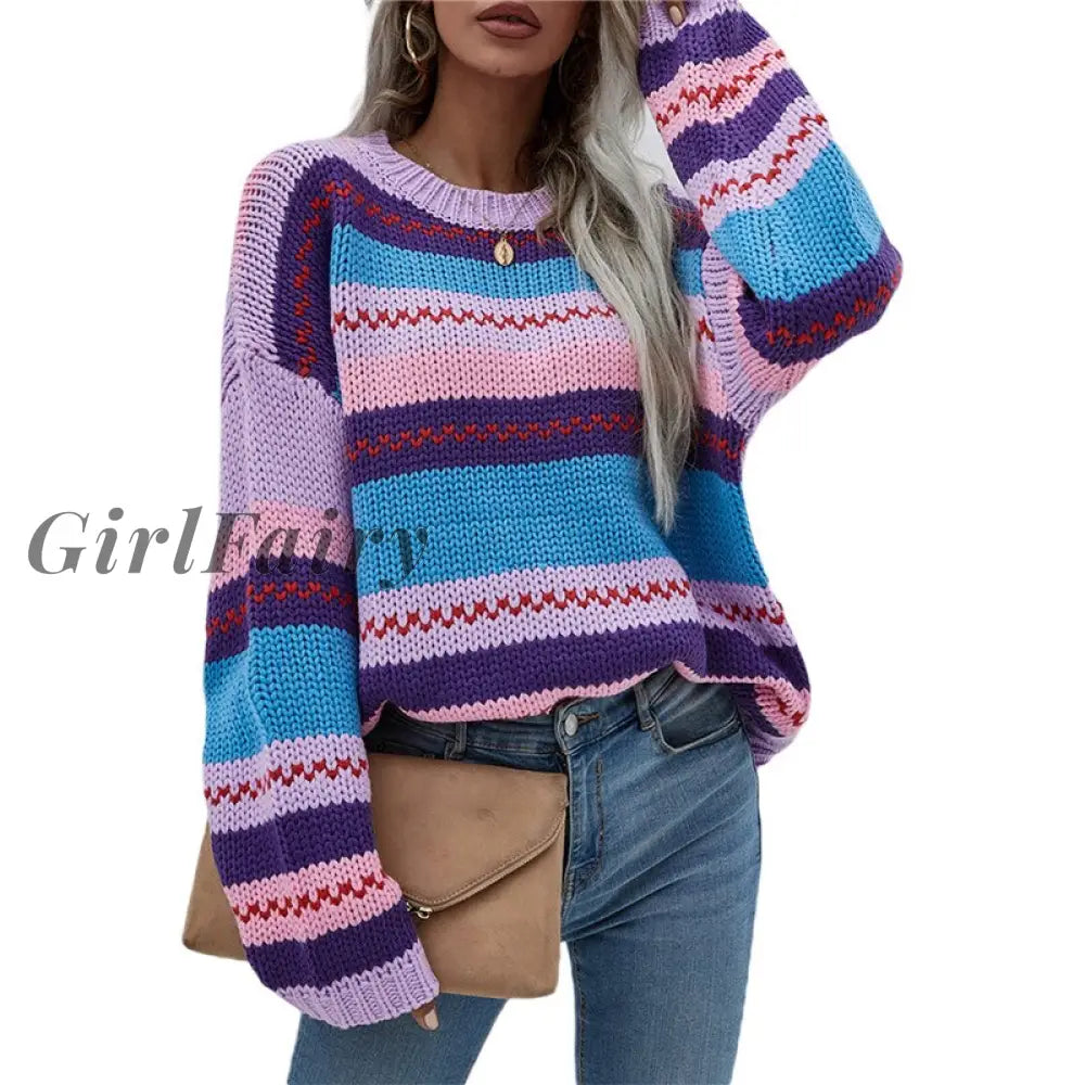 Women Round Neck Sweaters Bohemian Long Sleeve Color Block Striped Loose Knit Jumper Tops Fashion