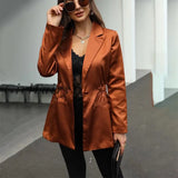 Women Satin Blazer Fashion Button Long Jacket Elegant Chic Office Solid Suit Female Spring Autumn