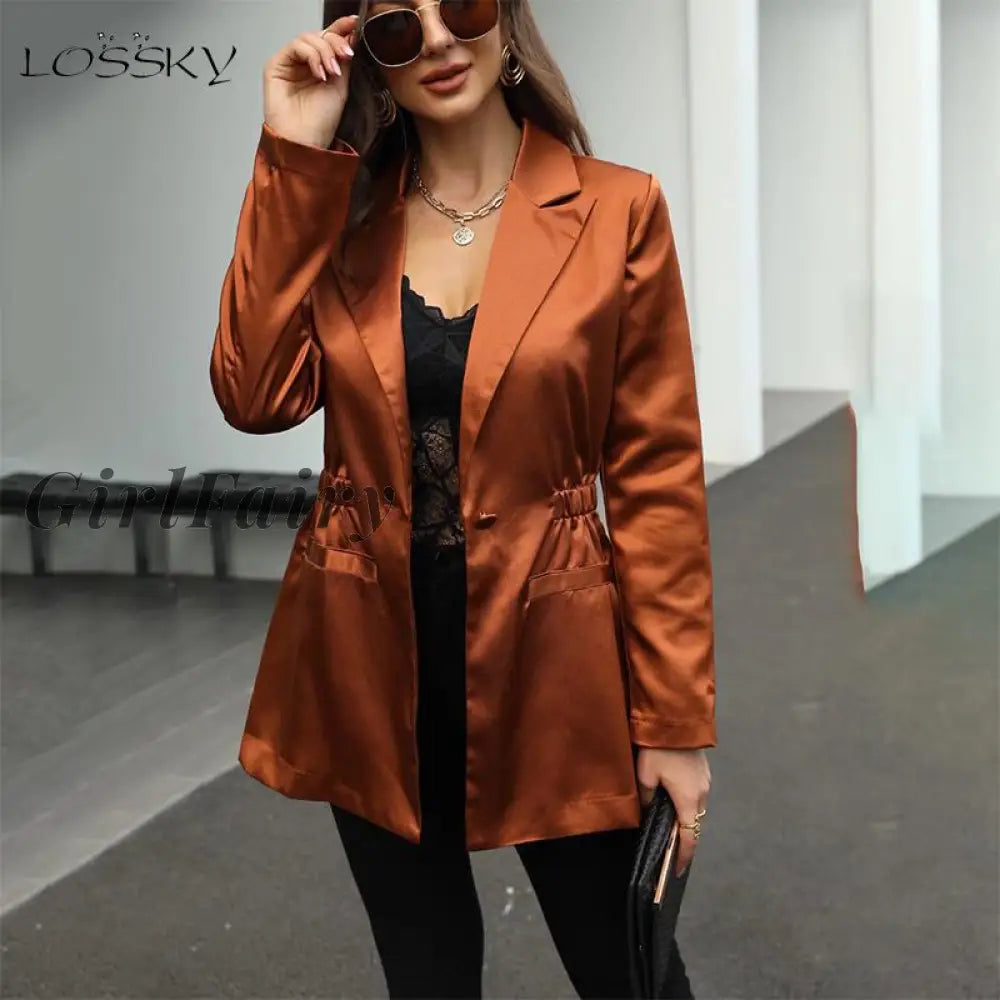 Women Satin Blazer Fashion Button Long Jacket Elegant Chic Office Solid Suit Female Spring Autumn