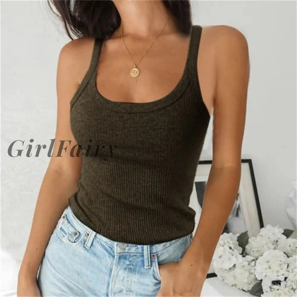 Women Sleeveless Spaghetti Vest Quality Knitted Camis U-Neck Tank Tops Casual Solid Color Basic