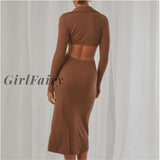 Women Solid Color Hollow-Out Dress Long Sleeve Deep V-Neck Front Split Spring Autumn Beach Club