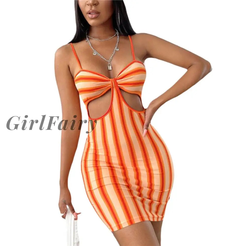 Women Spaghetti Strap Dress Stripes Print Sexy Deep V-Neck Hollow Out Sleeveless Backless Summer