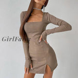Women Square Collar Mini Dress Autumn 2023 Split Slim Stretch Full Sleeve Casual Black Lady Vestidos
