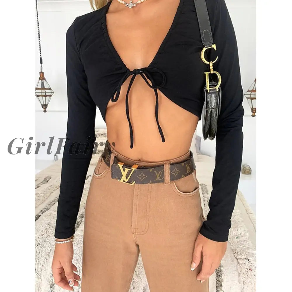 Women T-Shirt Spring Autumn Clothes Ribbed Knitted Long Sleeve Crop Tops Design Tee Sexy Female Slim