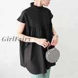 Women T-Shirt Young Girl Vintage Black White Blouse Elegant Stand Collar Oversized Tops Back Tie