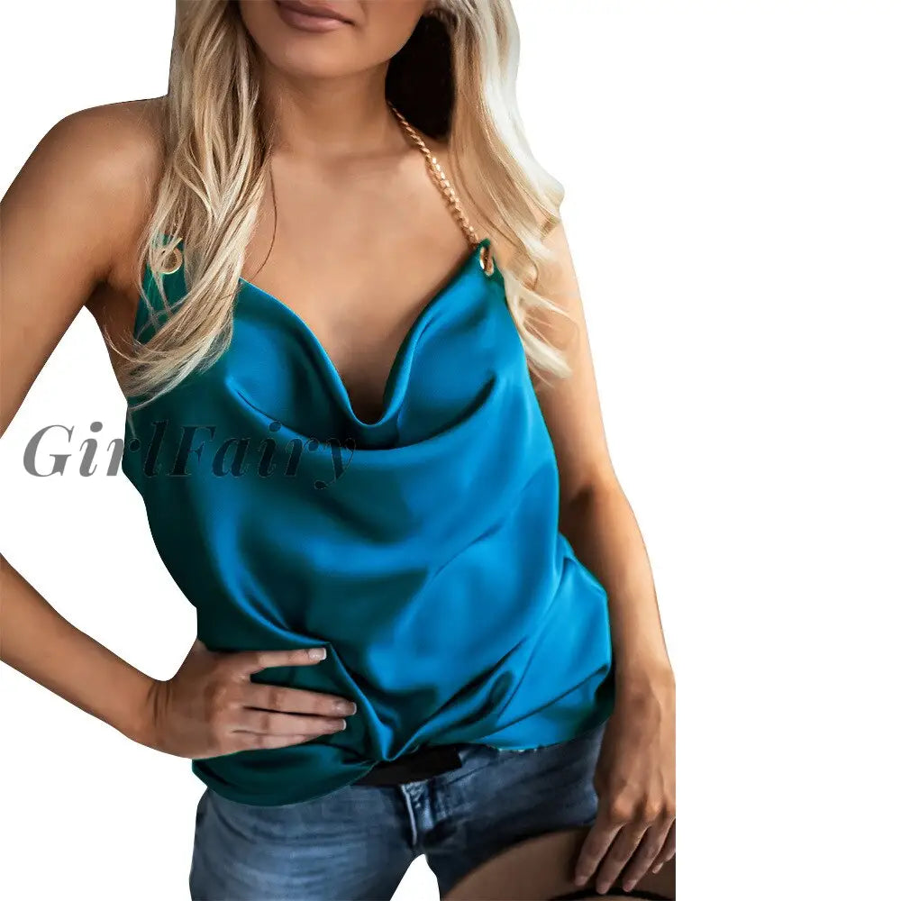 Women Tops Solid Backless Camis Shirts Summer Chain Halter V Neck Ruched Tank Ladies Sleeveless Slim