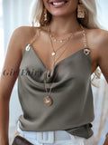 Women Tops Solid Backless Camis Shirts Summer Chain Halter V Neck Ruched Tank Ladies Sleeveless Slim