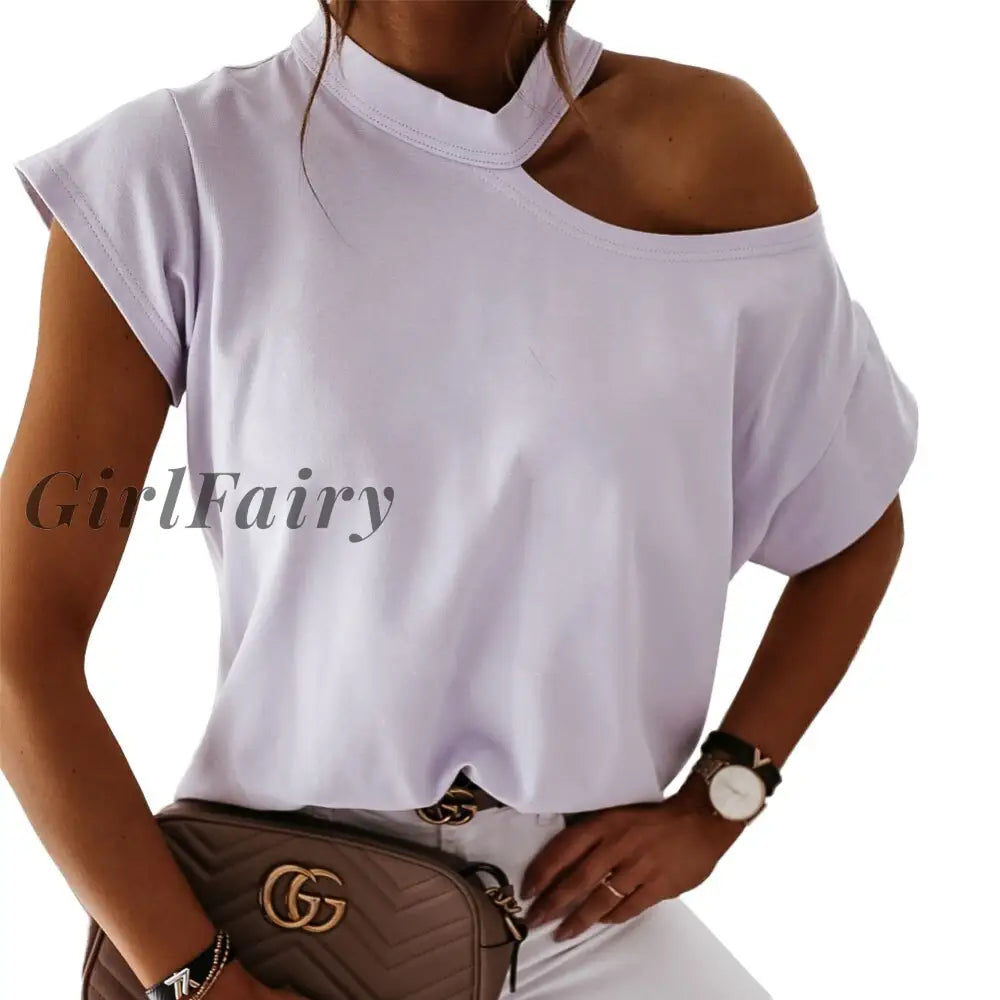 Women Tshirt Halter One Shoulder Short Sleeve White Solid Black Ladies Tshirts Summer Casual T