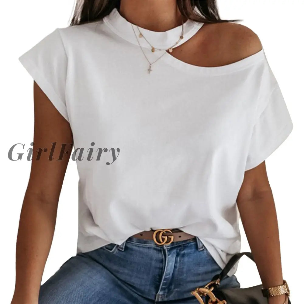 Women Tshirt Halter One Shoulder Short Sleeve White Solid Black Ladies Tshirts Summer Casual T