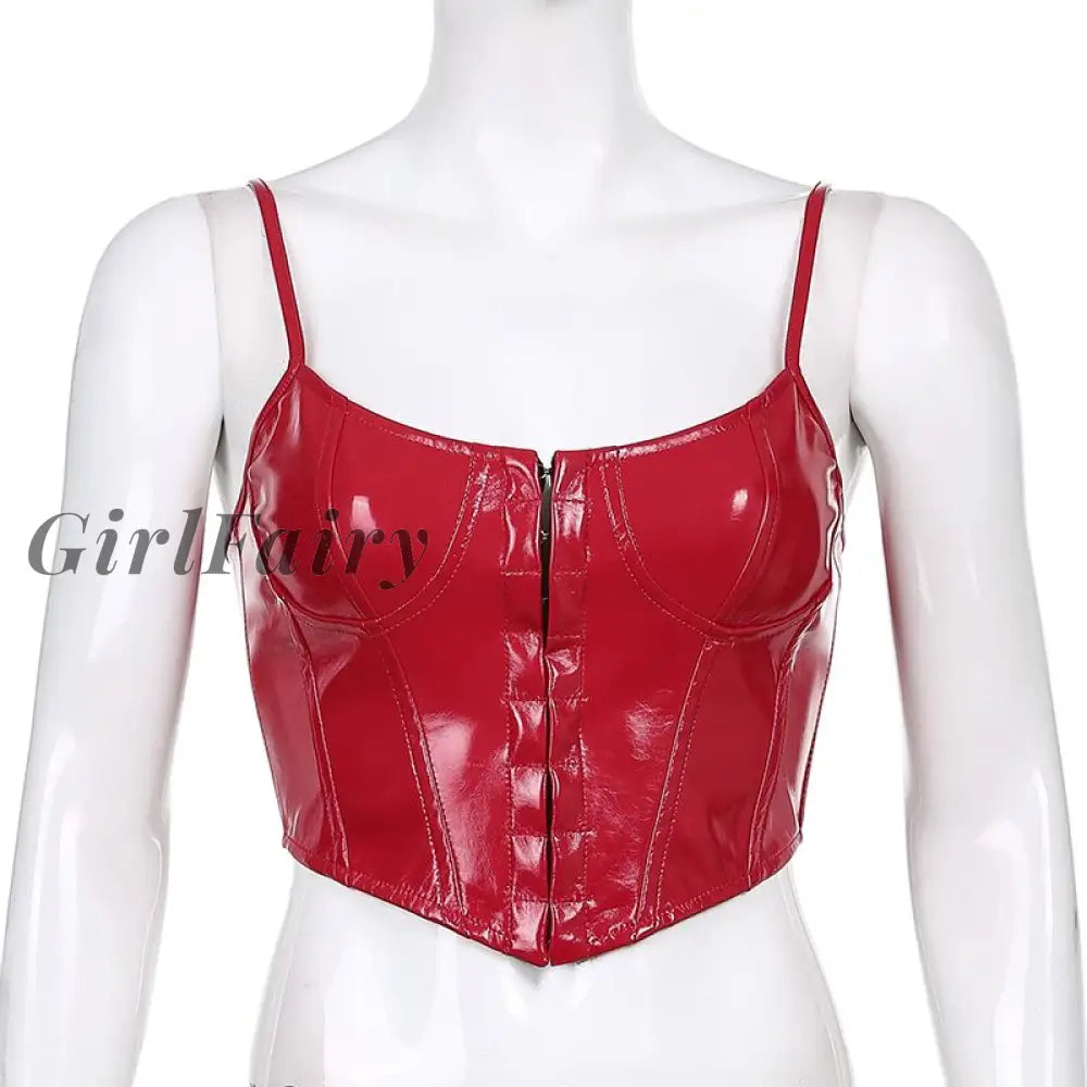 Womens Corset Sexy Black Pu Leather Bustier Crop Top Fashion Lady Sleeveless Strap Camis Clubwear