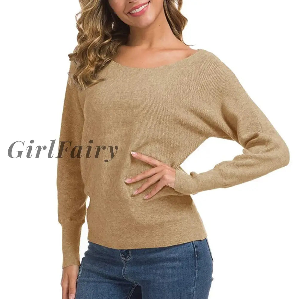 Womens Off Shoulder Sweater Long Sleeve Loose Pullover Knit Jumper