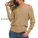 Womens Off Shoulder Sweater Long Sleeve Loose Pullover Knit Jumper One Size / Khaki